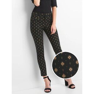 Gap 4 Skinny Ankle Black & Gold Print Pants New